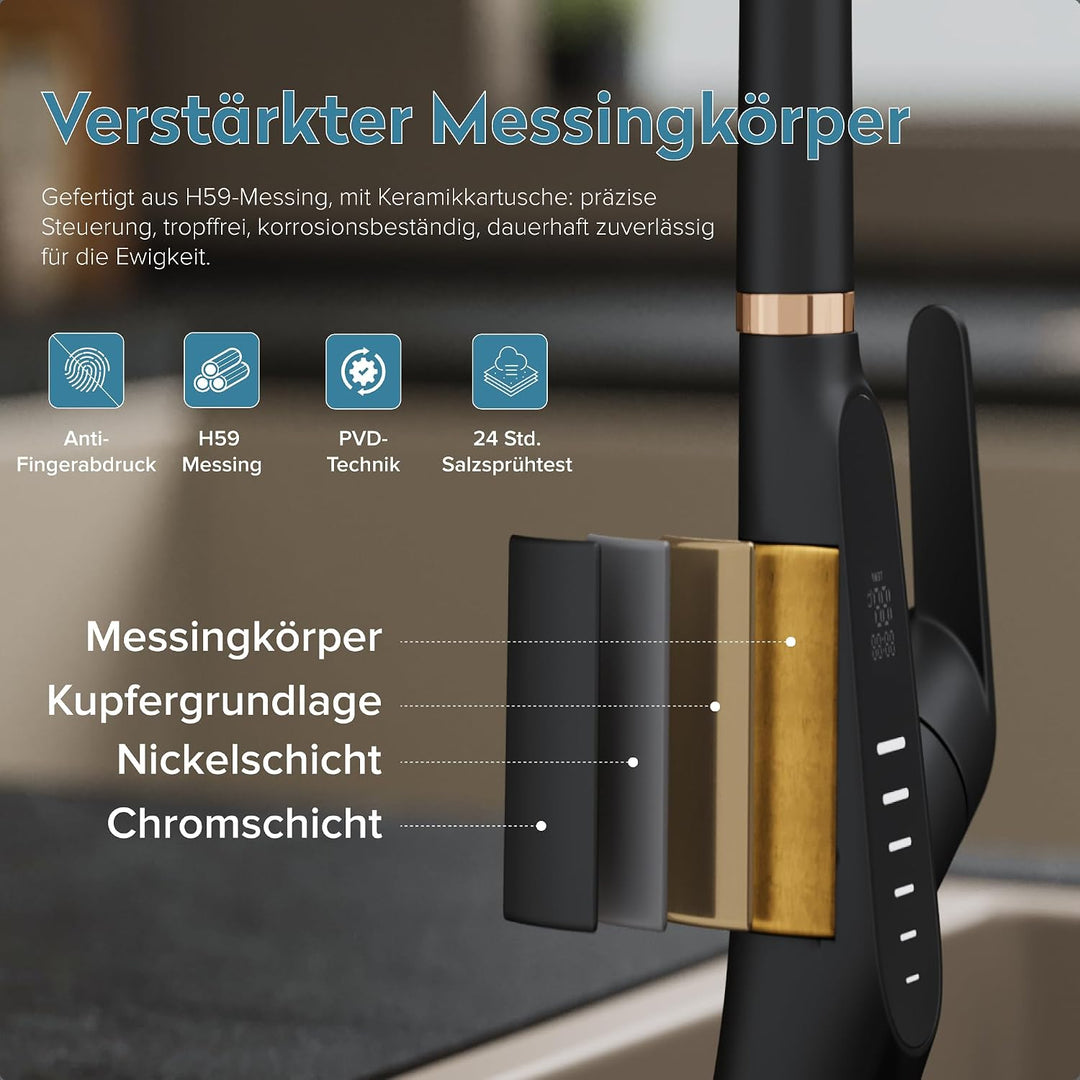 doporro Wasserhahn Küche Schwarz, Küchenarmatur mit LED Temperaturanzeige | Hochdruck ausziehbare Mi