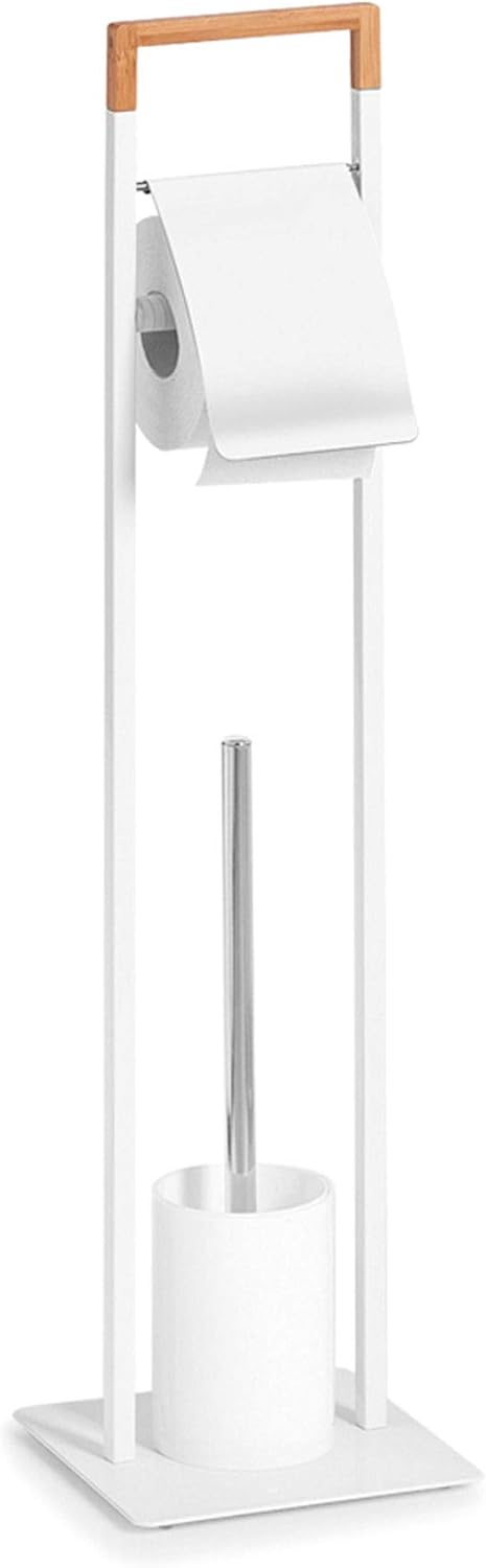 Zeller 18723 WC-Garnitur, Metall/Bamboo, weiss, ca. 19 x 19 x 74,5 cm, Toilettenpapierhalter mit WC-