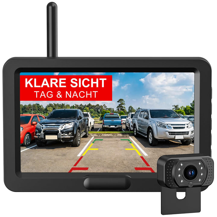 Rückfahrkamera Kabellos, 5" Digital Rückfahrkamera Set HD, Nachtsicht-Kit, Schnellinstallation, Stab