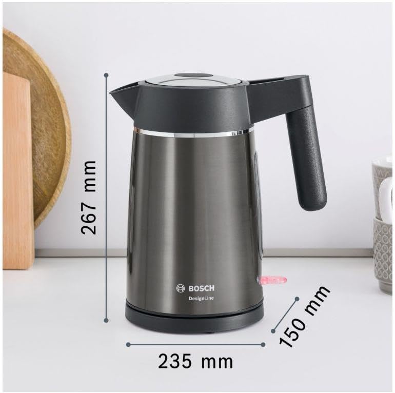Bosch kabelloser Wasserkocher DesignLine TWK5P475, Ausgiessen ohne Spritzer, Tassenanzeige, extra gr