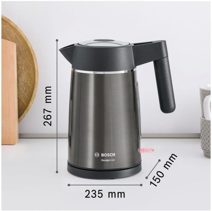 Bosch kabelloser Wasserkocher DesignLine TWK5P475, Ausgiessen ohne Spritzer, Tassenanzeige, extra gr