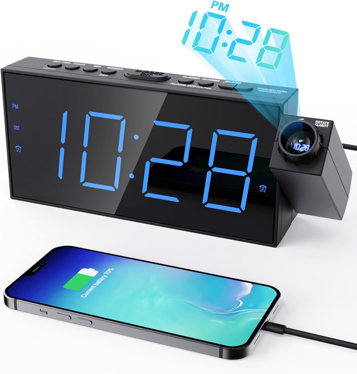 ROCAM Wecker mit Projektion, Projektionswecker mit USB Ladegerät, Batterie-Backup, 350°Projektor & D