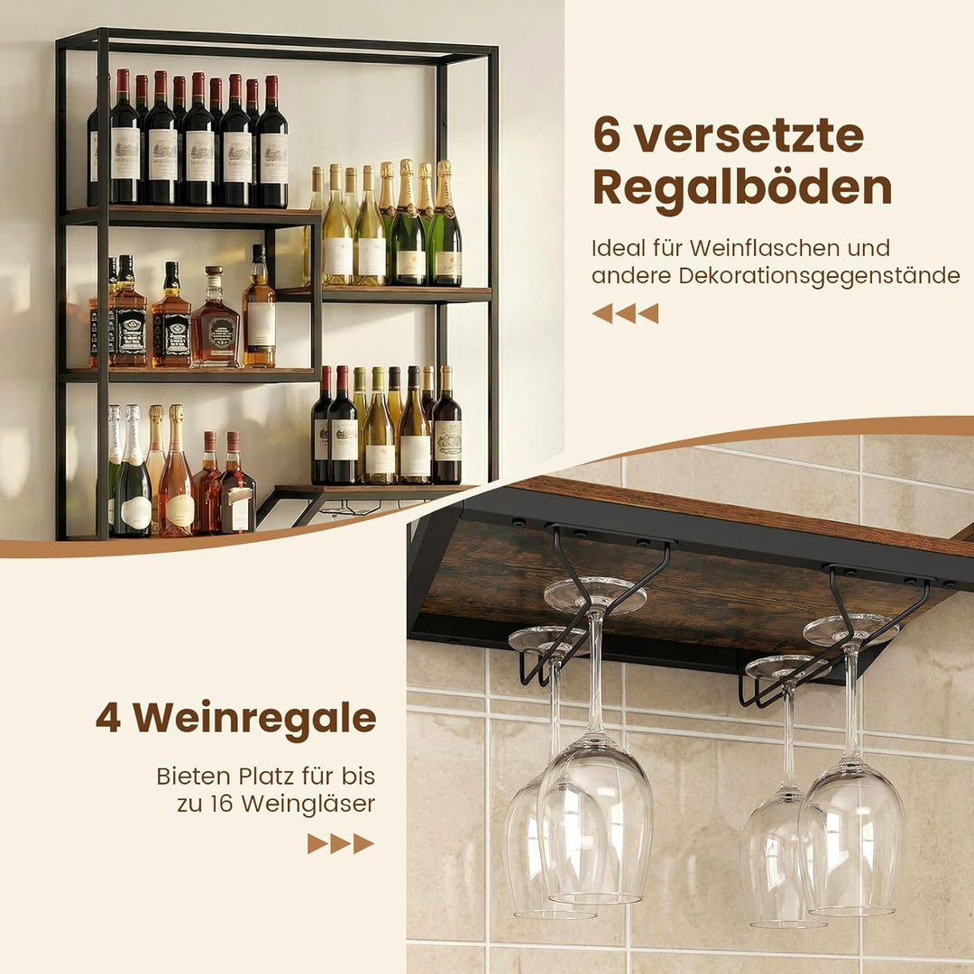 COSTWAY Weinregal Wand, Bar Regal mit 6 Regalböden & 4 Glashalter, Flashenregal Metall, Weinflaschen