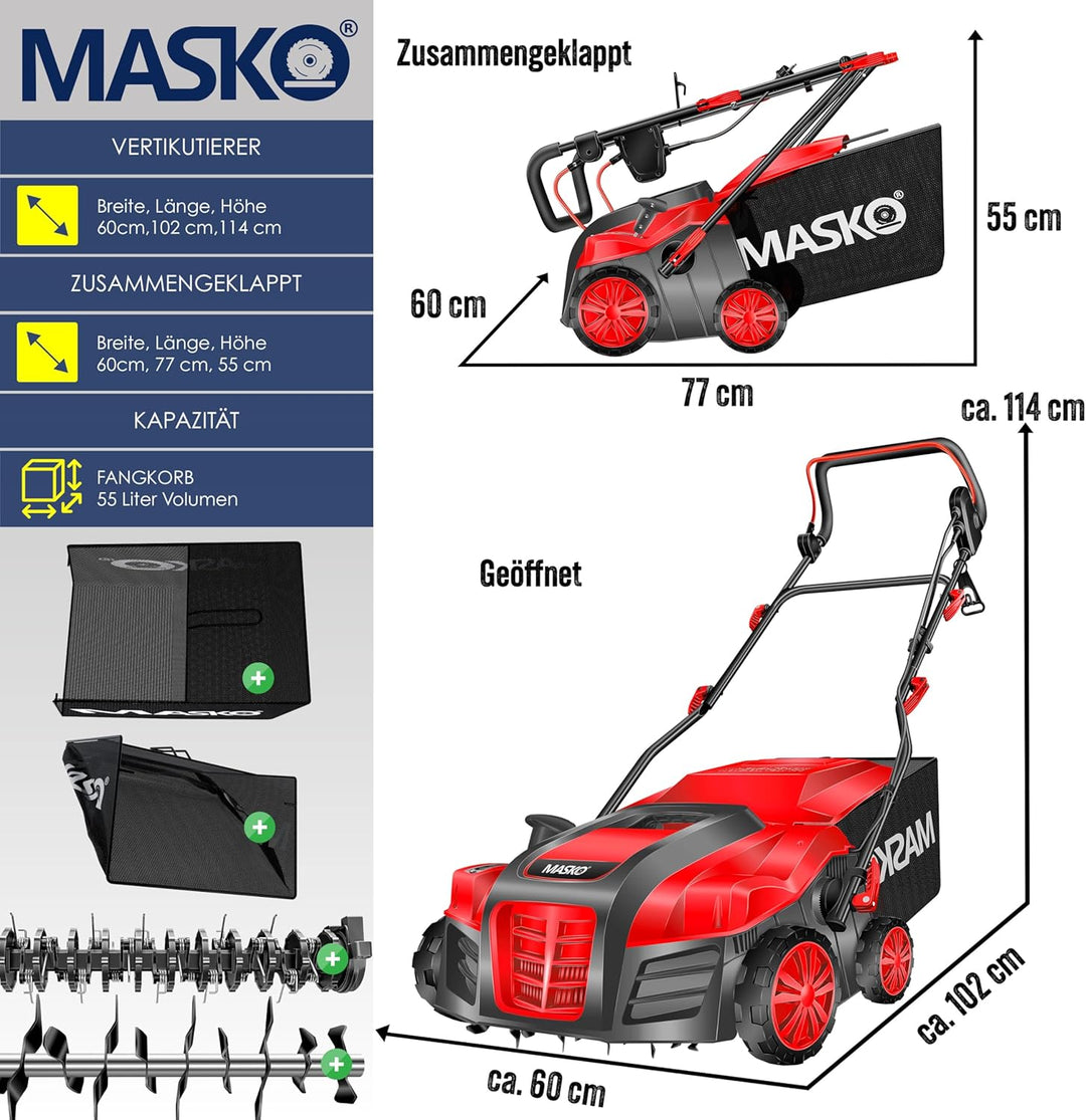 MASKO® Elektro 2in1 Vertikutierer Rasenlüfter 1800 Watt 40cm Arbeitsbreite 55L Fangkorb inkl. Lüfter