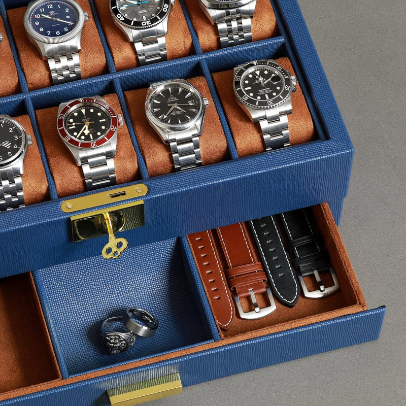 ROTHWELL Uhrenbox aus Leder, 10 Fächer, Luxus-Uhrenetui mit Schublade, abschliessbarer Schmuck-Uhren