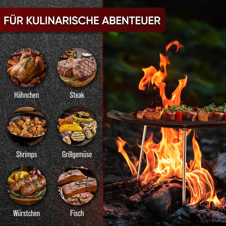 Gusseisen Grillplatte (Ø 42 cm) mit 3 Edelstahl-Beinen – Dutch Oven Grillplatte Rund – Dreibein Gril