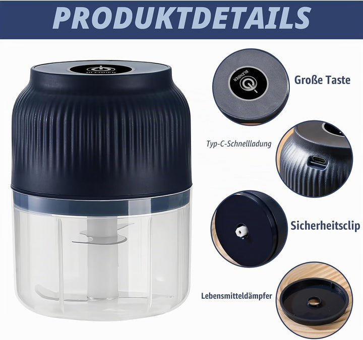 Mini Elektrisch Zerkleinerer, 300ml Akku Zerkleinerer, Küchenhelfer mit USB-Anschluss, Knoblauchhack