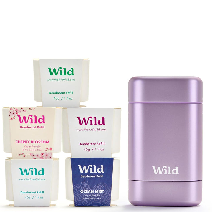 Wild - Das Komplette Starter-Set - Lilafarbener Deobehälter mit 5 x 40g Nachfüllpacks in verschieden