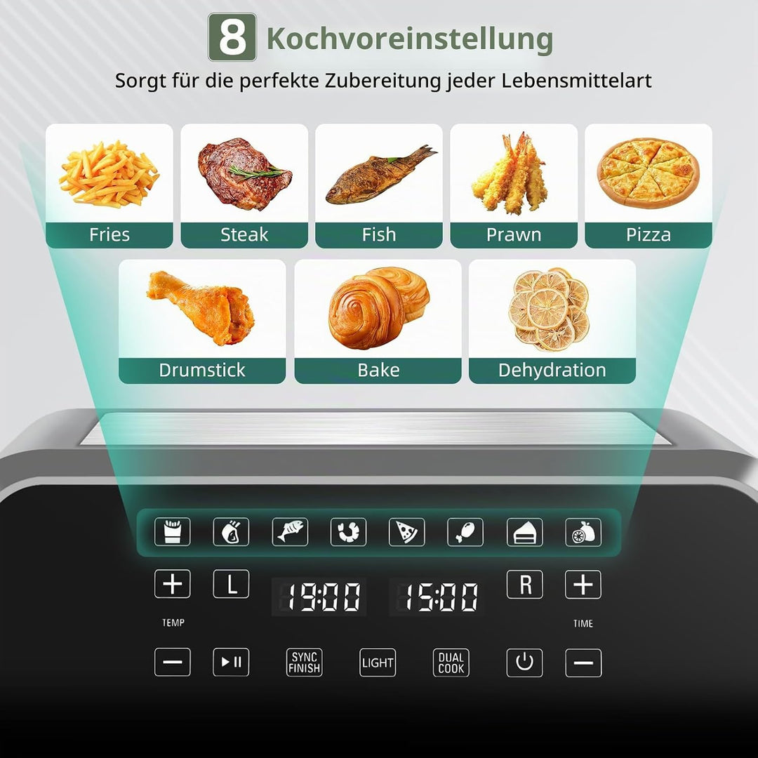 Uten Doppel Heissluftfritteuse, 8L Heissluftfritteuse Dual Zone Sichtbar, XXL Airfryer mit 2 Kammern