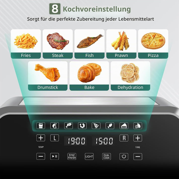 Uten Doppel Heissluftfritteuse, 8L Heissluftfritteuse Dual Zone Sichtbar, XXL Airfryer mit 2 Kammern