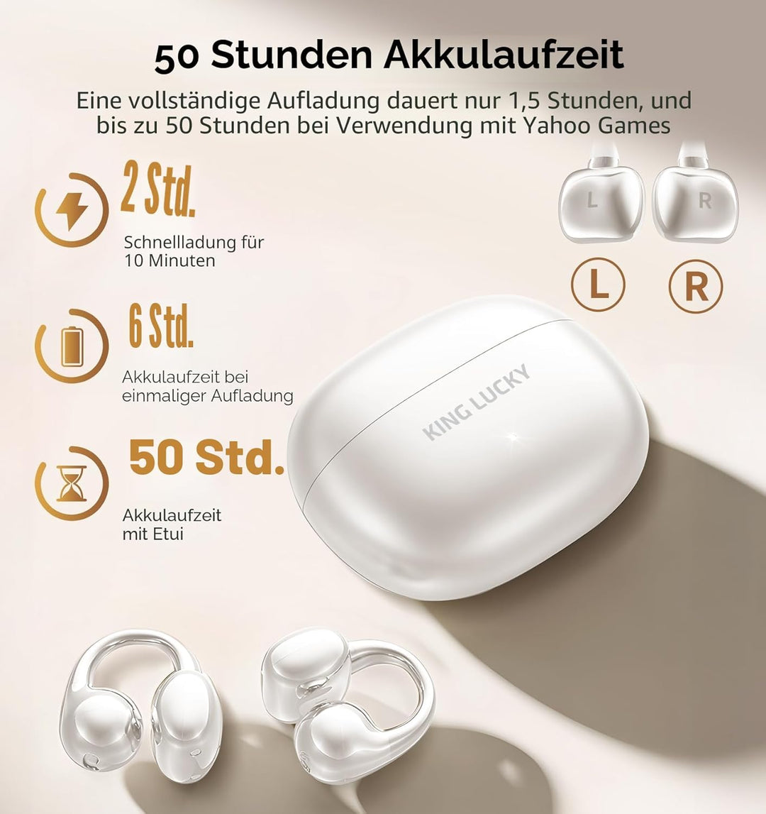 King Lucky Open-Ear-Kopfhörer Kabellos Bluetooth 6.0–Clip-On-Ohrhörer mit Mikrofon,50h Spielzeit,ENC