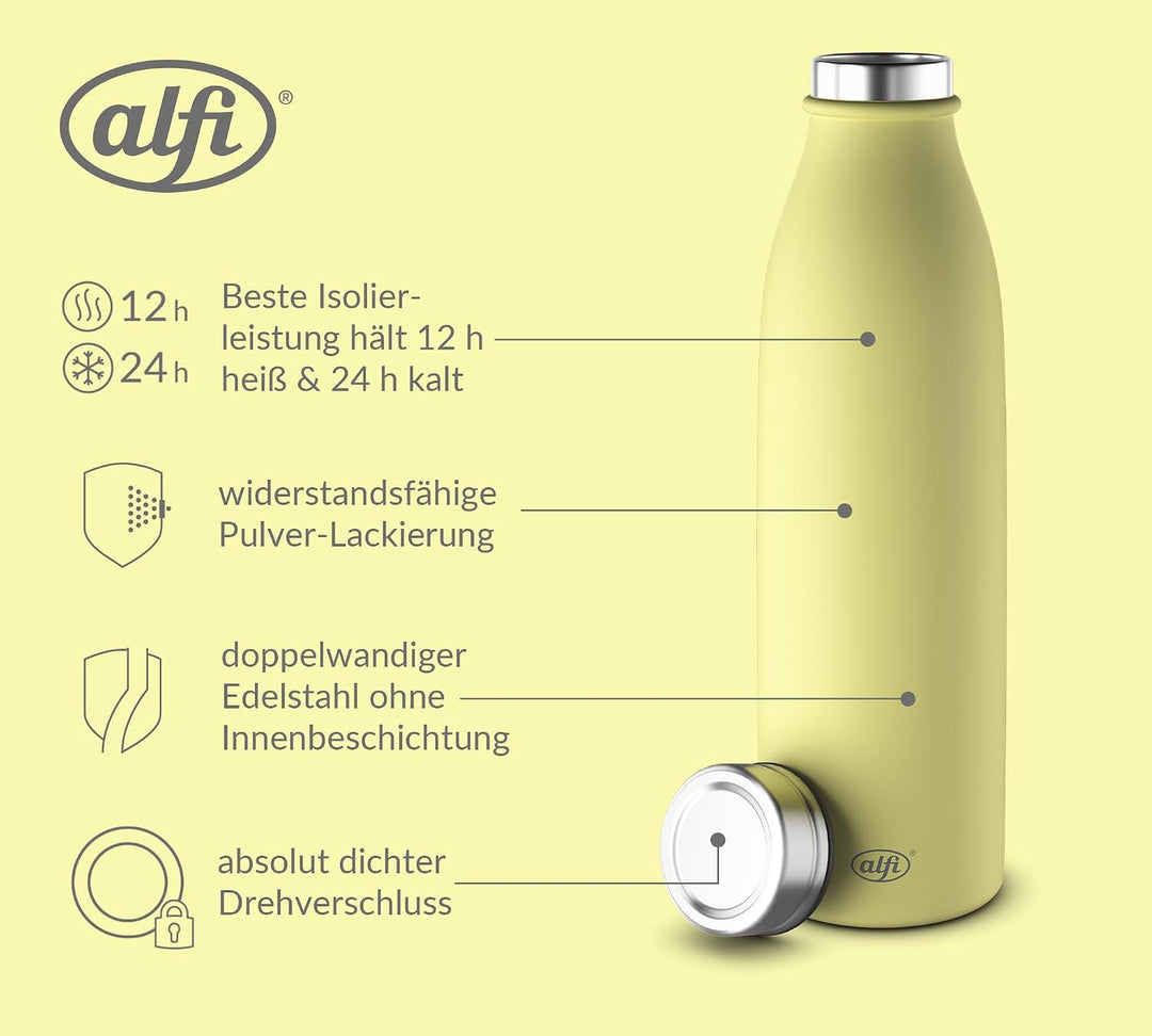 alfi PURE BOTTLE 750ml, gelb, lemon sorbet, Isolierflasche aus Edelstahl, kohlensäurefest, 12h heiss