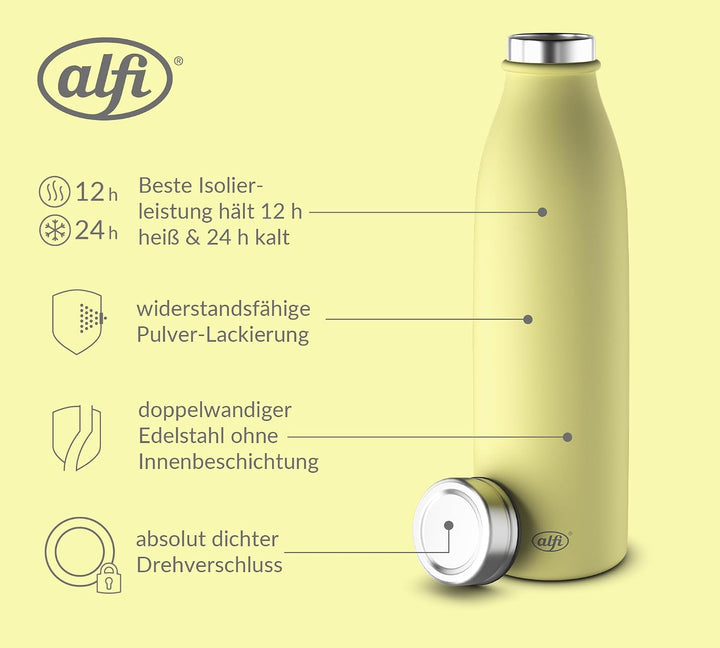 alfi PURE BOTTLE 750ml, gelb, lemon sorbet, Isolierflasche aus Edelstahl, kohlensäurefest, 12h heiss