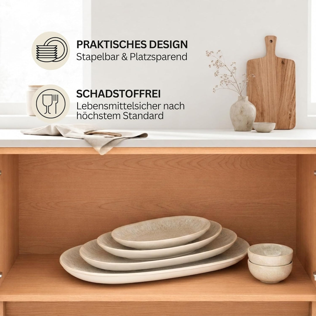 SÄNGER Korfu Servierplatten Set 11tlg Steingut in Creme Beige mit Maserung | Elegantes Anrichteplatt
