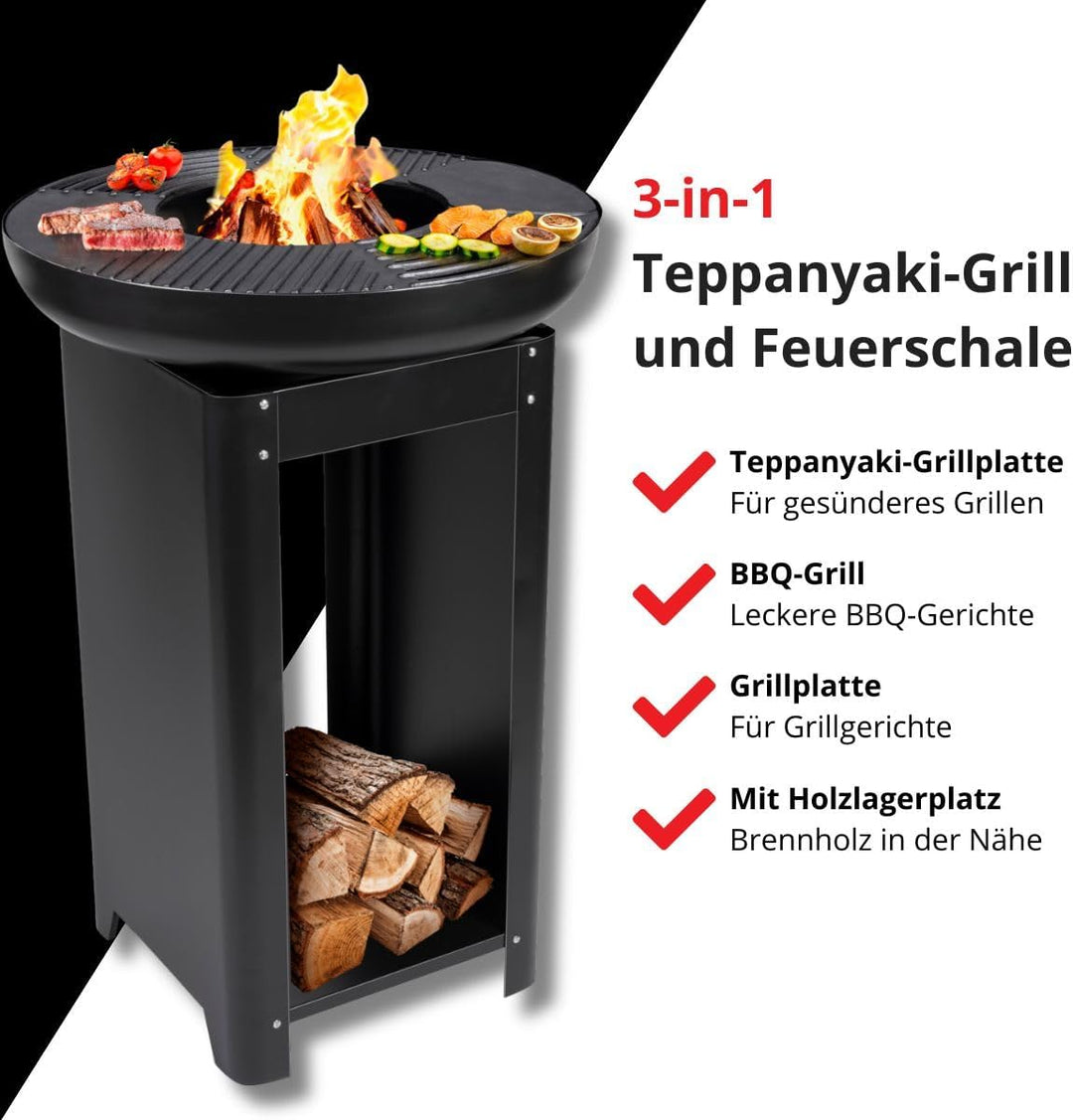 BBQ Collection 3-in-1 Feuerschale und Teppanyaki Grillrost - Feuerkorb - Plancha Grillplatte - 61 x