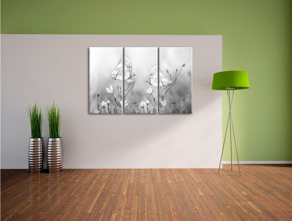 Pixxprint Schmetterling auf kleinen Blumen als Leinwandbild/Grösse: 3 Teilig (120x80 cm) cm/Wandbild