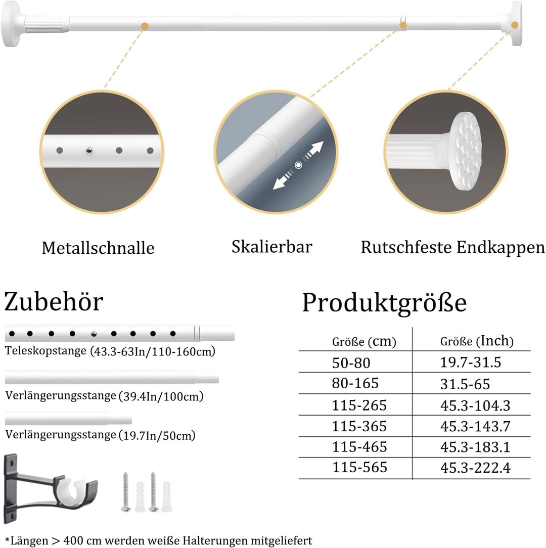 Gardinenstange Multifunktionale Teleskopstange ohne Bohren 80-165cm Matt Weiss Ausziehbare Klemmbar
