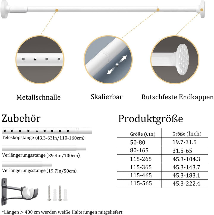Gardinenstange Multifunktionale Teleskopstange ohne Bohren 80-165cm Matt Weiss Ausziehbare Klemmbar