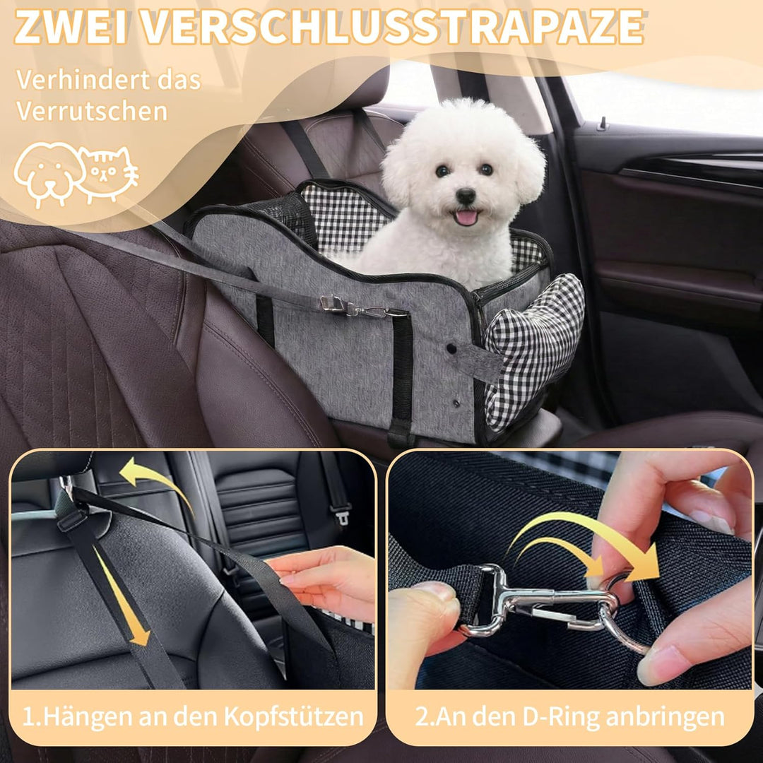 Hunde Autositz für Kleine Hunde & Katzen - Sicher auf Rücksitz, Beifahrersitz & Mittelkonsole mit Do