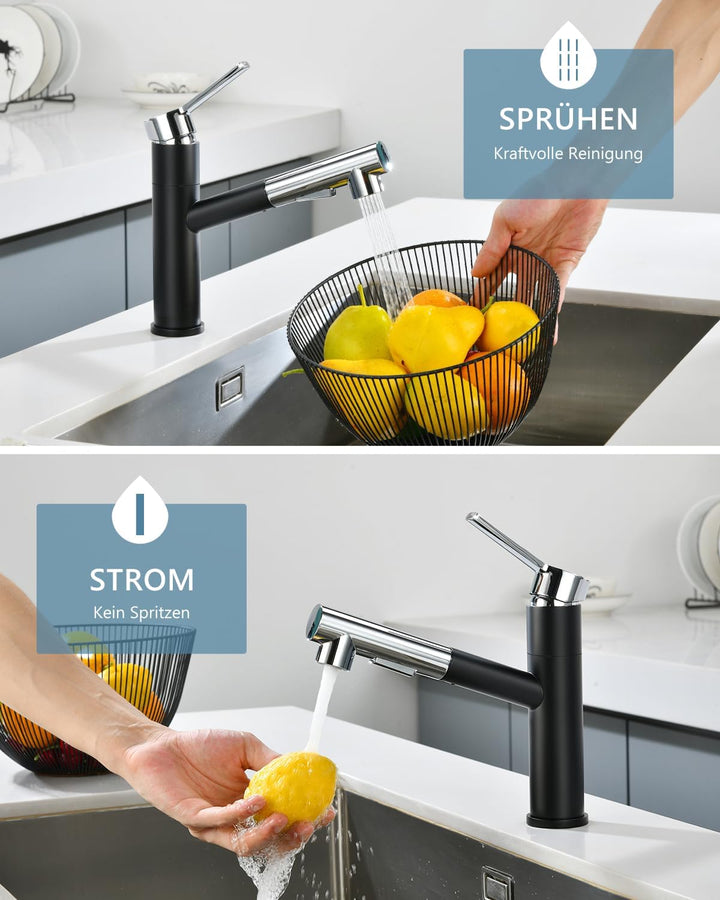 DAYONE Wasserhahn Küche Schwarz und Chrom, Hochdruck Küchenarmatur mit Ausziehbarer Brause, Spültisc