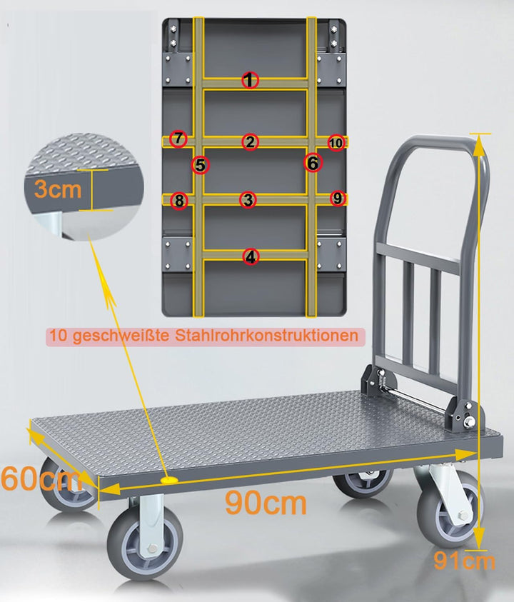 Plattformwagen 500kg für Professionelle Arbeit, Grosse Räder Plattenwagen Schwerlastwagen Transportw