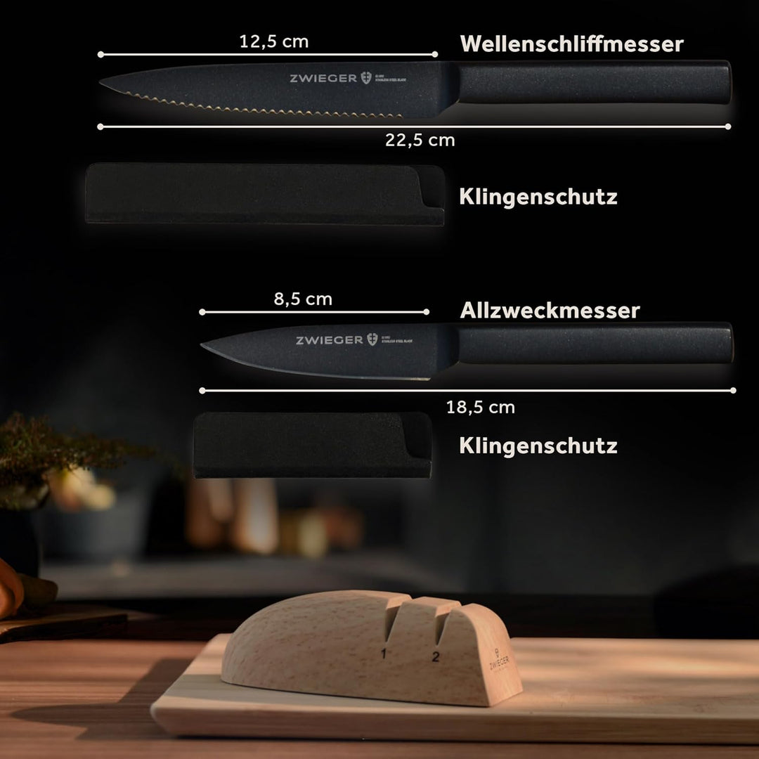 ZWIEGER Manueller Messerschärfer mit Rollen-Technologie – Set mit Wellenschliff- & Allzweckmesser in