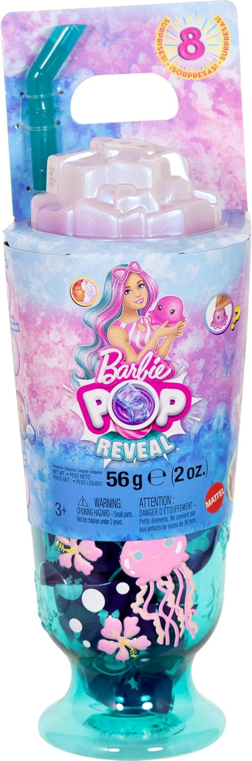 Barbie Pop Reveal-Puppe und Zubehör, Slushy mit Ozeanmotiven, Modepuppe und Haustier mit 8 Überrasch