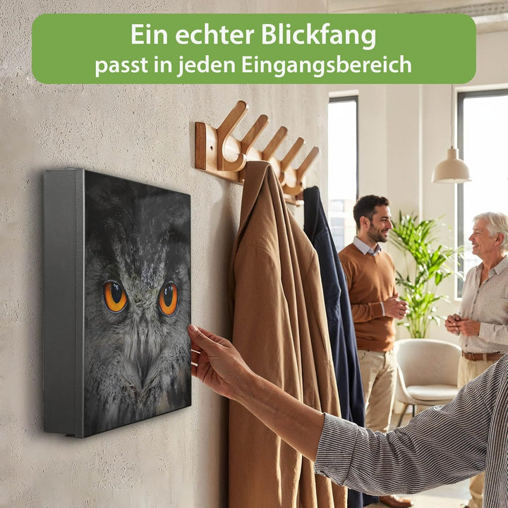 banjado® Grosser Schlüsselkasten Glas/Schlüsselbox 30cm x 30cm mit 50 Haken - Motiv Uhu/Schlüsselkas