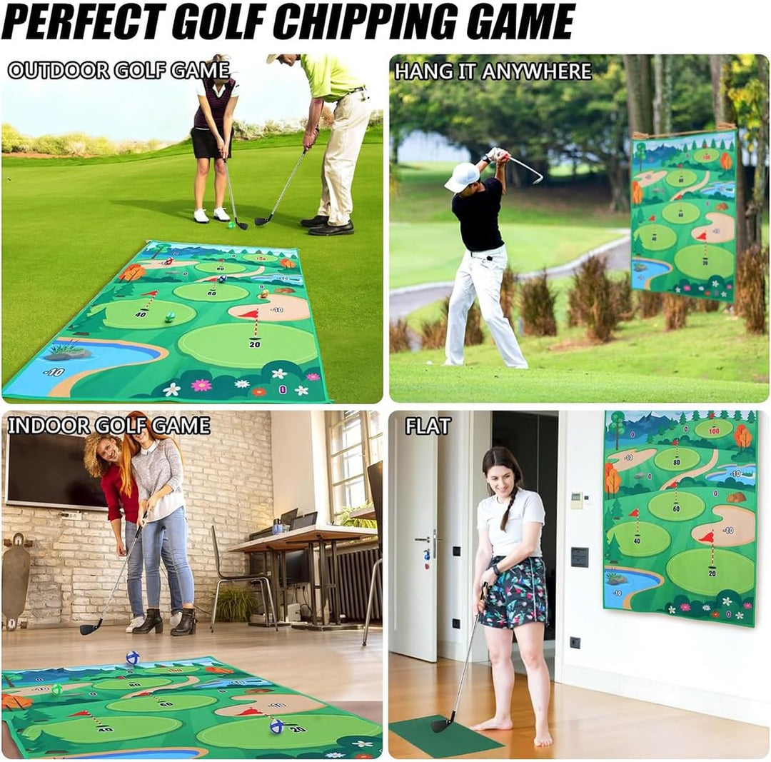 Golf Teing Game with 2 Clubs, 70 x 70 Inch Practice Mat Indoor Outdoor for Children Adults Family, w