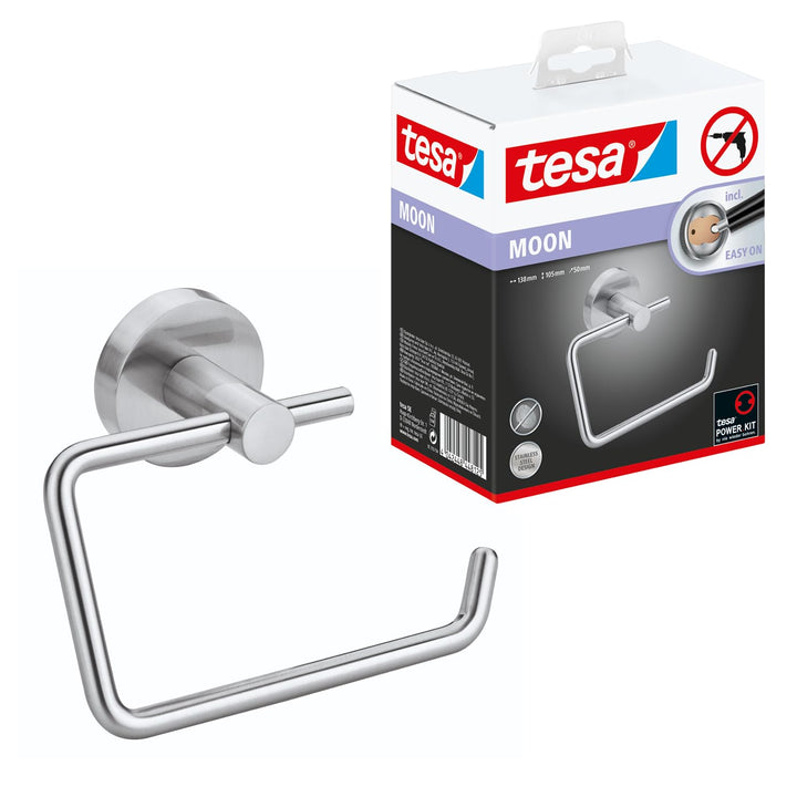 tesa Moon Toilettenpapierhalter, verchromt - WC-Rollenhalter zur Wandbefestigung ohne Bohren, inkl.