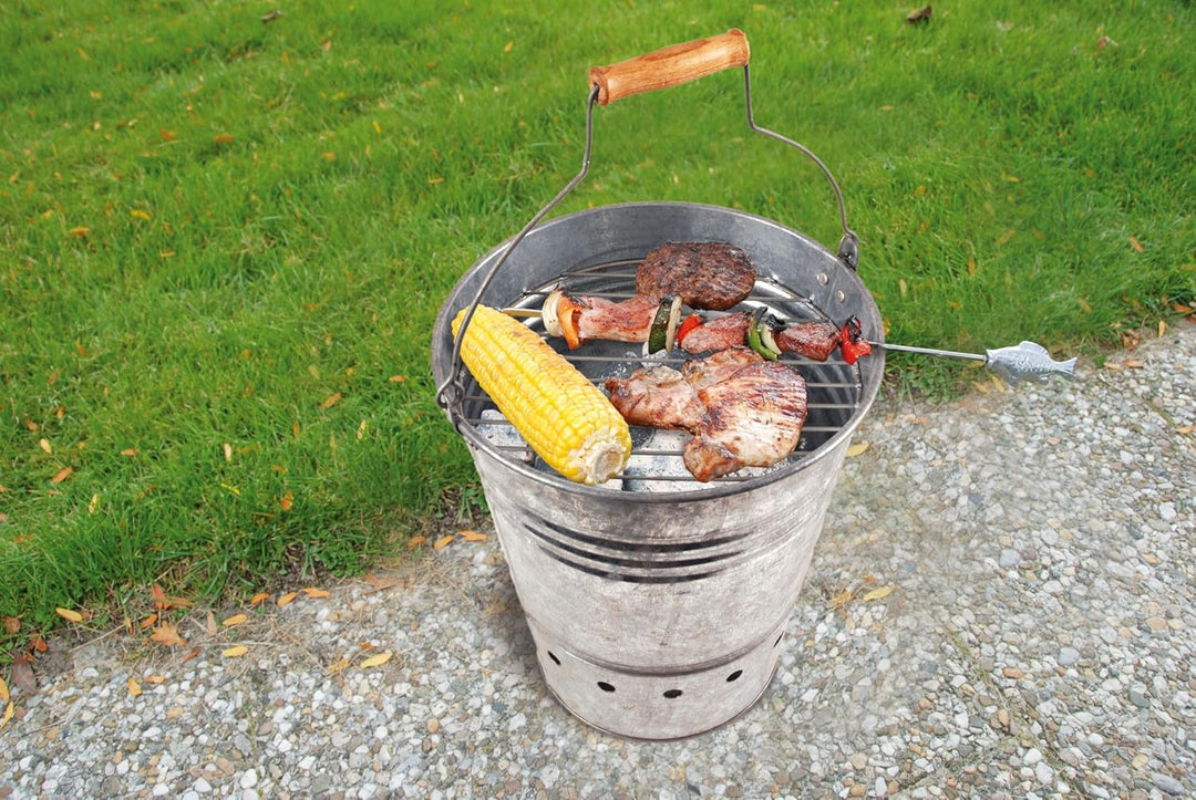 Esschert Design BBQ Eimer, Grilleimer, Grillkübel, Feuerkübel mit Griff, Holzelement am Griff, 34 cm