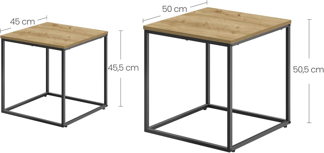 Couchtisch 50x50 cm, 2er Set quadratisch in Artisan-Eichenoptik, Schwarze Metallbeine, Industrial De