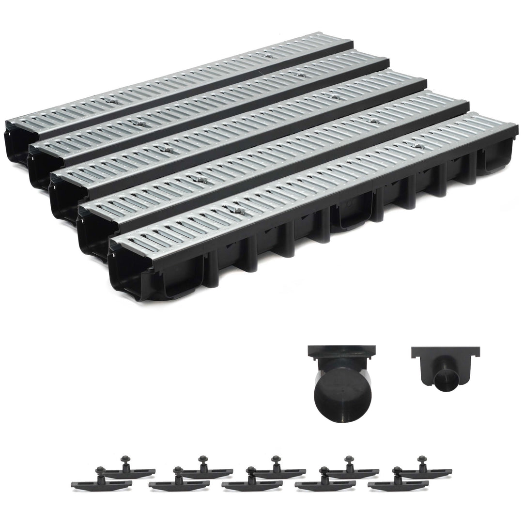 5m Entwässerungsrinne Terrassenrinne Stahlrost verzinkt komplett SET, System A15 98mm
