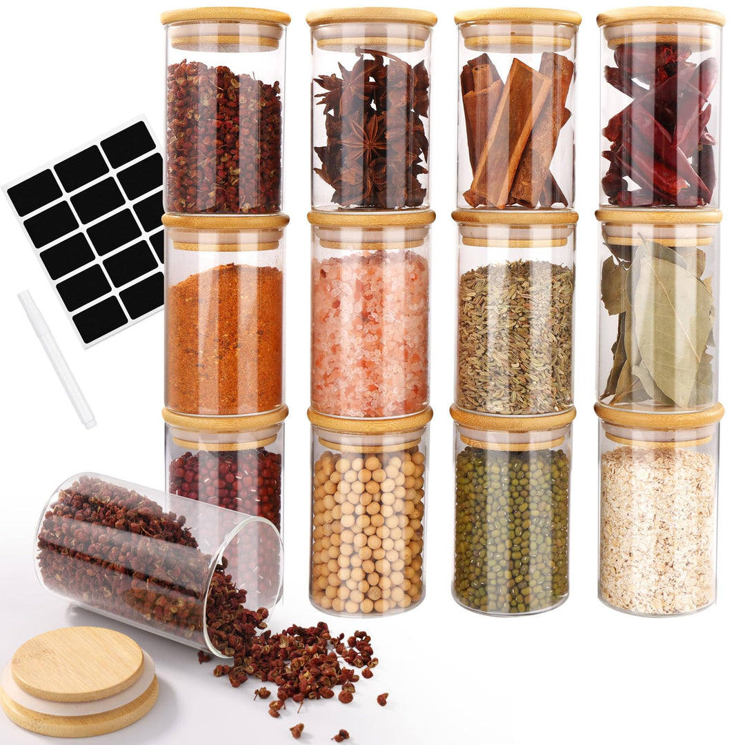 Cinnani 300ml Gewürzgläser Rund Set luftdicht mit Holzdeckel, 12 Stück Gewürzdosen Glas Gewürzbehält