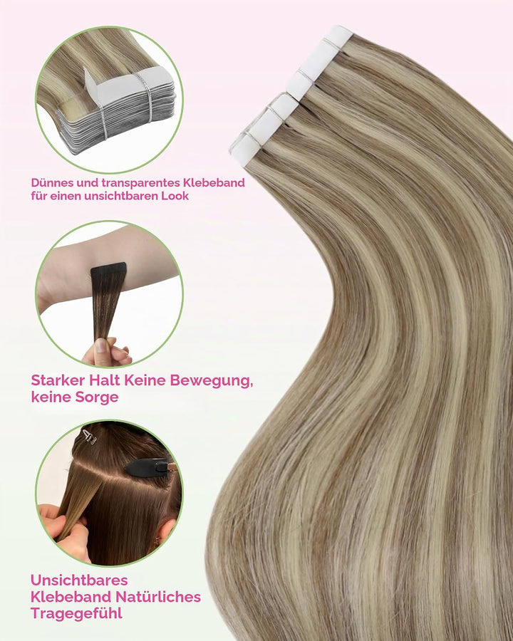 YoungSee Echthaar Extensions Tape Hellbraun 60 cm Tape in Extensions Echthaar Braun Blond Tape in Ex