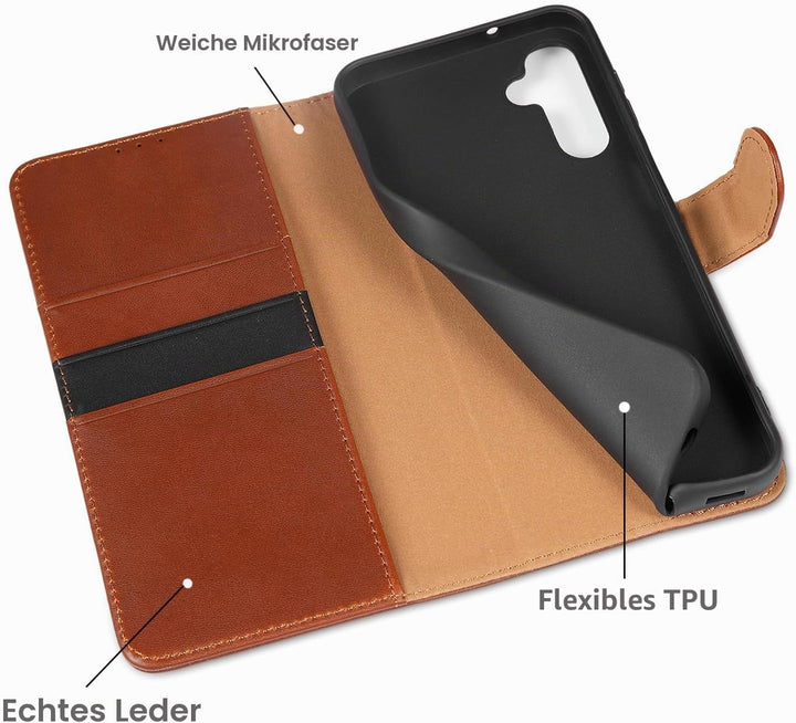 LENSUN Echtleder Hülle für Samsung Galaxy A14, Handyhülle [Echtes Leder][Kartenfach][RFID Schutz][Kl
