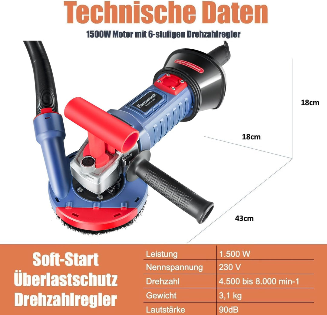 FANZWORK 1500W Betonschleifer Betonfräse Set, Drehzahlregelbar, inkl. Premium 125mm Diamantschleifto