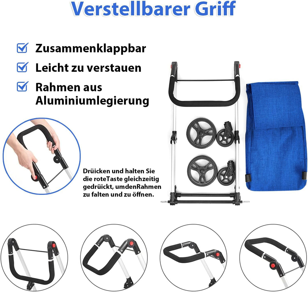 Einkaufstrolley, 46L Trolly Einkaufswagen Klappbar, 4 Rädern Aluminium Leichtgewicht Einkaufstrolley