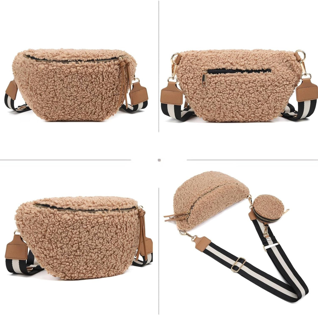 ER.Roulour Umhängetasche Bauchtasche Damen Plüsch Gürteltasche Hüfttasche mit Breiter Gurt und Münze