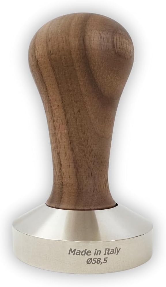 Espresso Tamper - 58,5 mm für IMS Competition-Filterkörbe, Nussbaum und INOX Stahl Flacher Boden 58.
