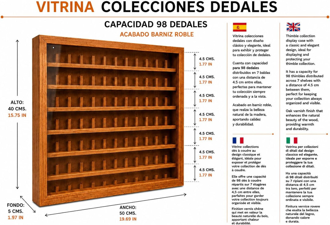 Vitrine Fingerhut-Kollektion, Eichenlack, verschiedene Grössen, 98 Fingerhüte 98 DEDALES, 98 DEDALES