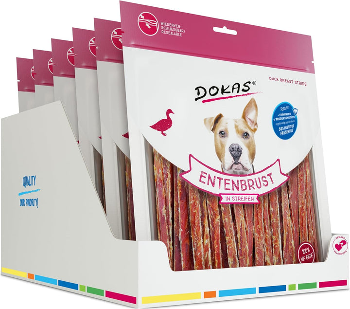 DOKAS Getreidefreier Premium Snack in Streifen für Hunde – Aus Entenbrustfilet, 500 g (6er Pack) Sin