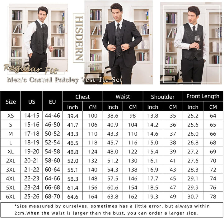 HISDERN Herren FLoral Hochzeit Weste Krawatte Einstecktuch Taschentuch Jacquard Weste Anzug Set XS G