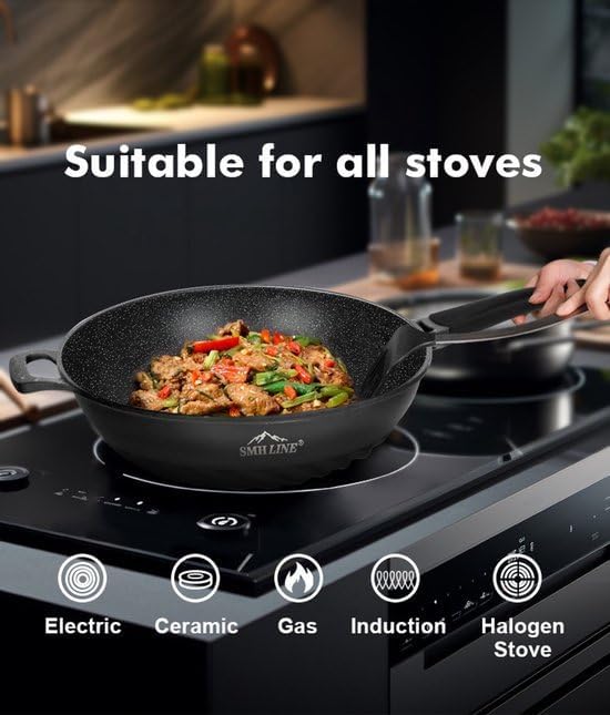 SMHLINE® Wokpfanne induktion, 28cm Wok mit Glasdeckel, Aluminiumguss, Antihaft Bratpfanne Topf, Brat