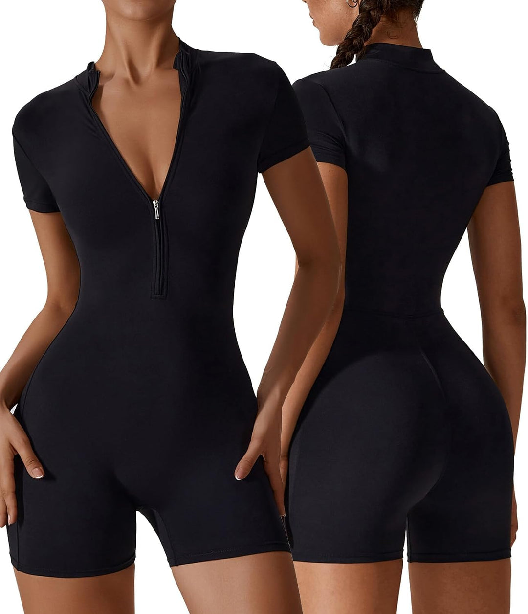 AIEOE Sport Jumpsuit Damen Kurz Eng Yoga Langarm One Piece mit Kragen Reissverschluss Bodysuit Plays