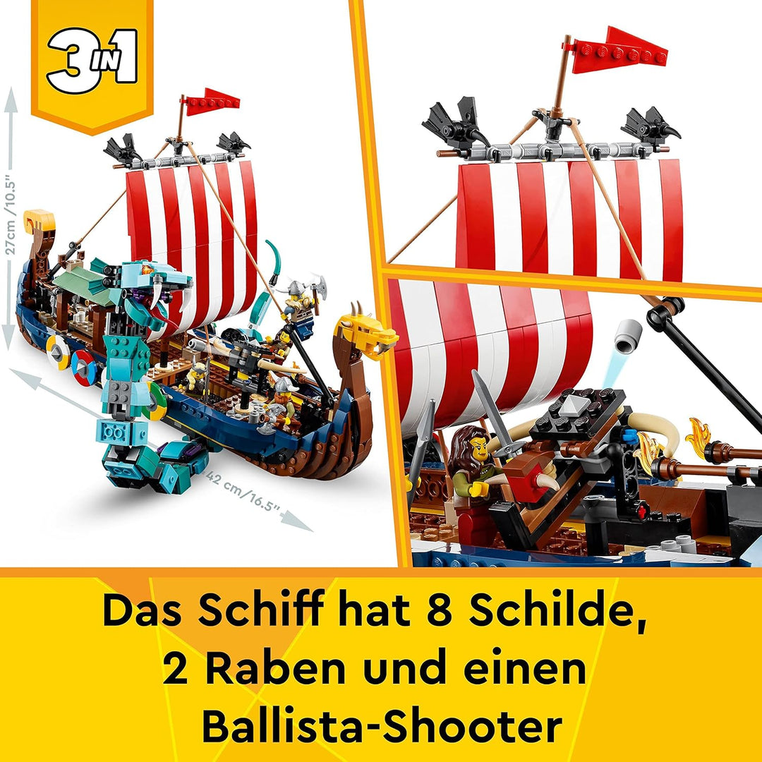LEGO 31132 Creator 3in1 Wikingerschiff mit Midgardschlange, Set mit Schiff, Haus, Spielzeug-Wolf und