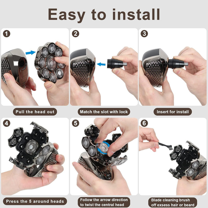 Glatzen Rasierer Herren Elektrisch, 9D 6 in 1 Glatzen Rasierer Herren, Kopfrasierer Glatze Nass Und