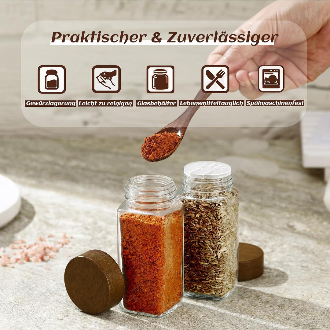 Gewürzgläser aus Glas und Holz, eckig, 24 × 120 ml Gewürzgläser-Set mit Akazienholzdeckel Aufbewahru