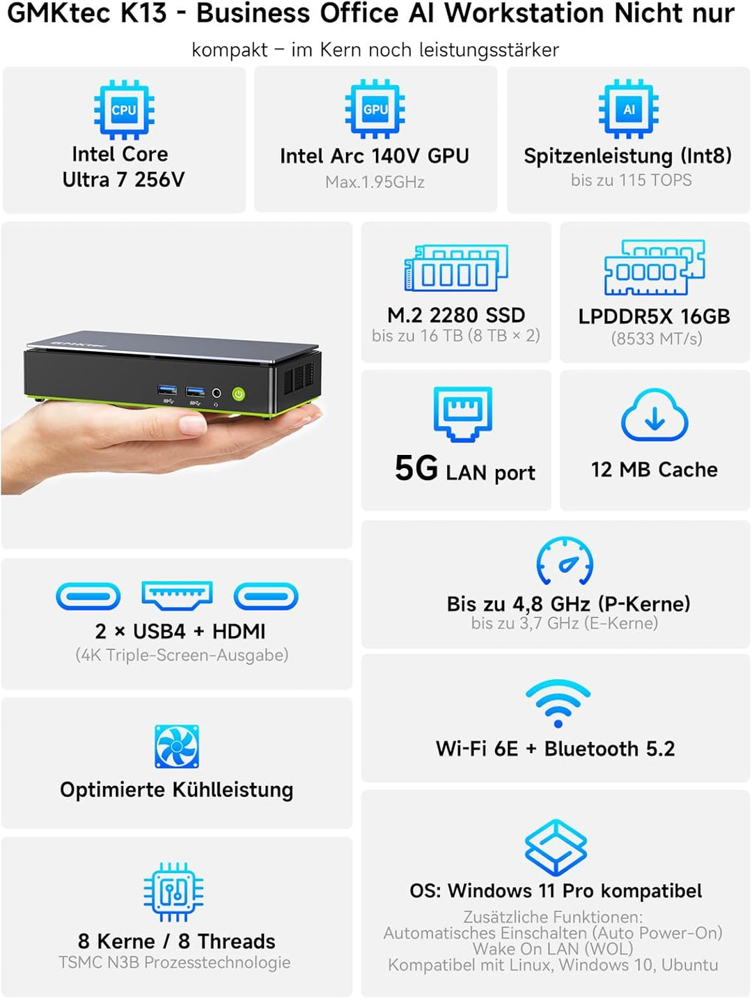 GMKtec Mini PC Intel Ultra 7 256V(8K/8T Bis zu 4.8GHz), K13 Micro PC mit 16GB DDR5 8533 1TB PCIe 4.0