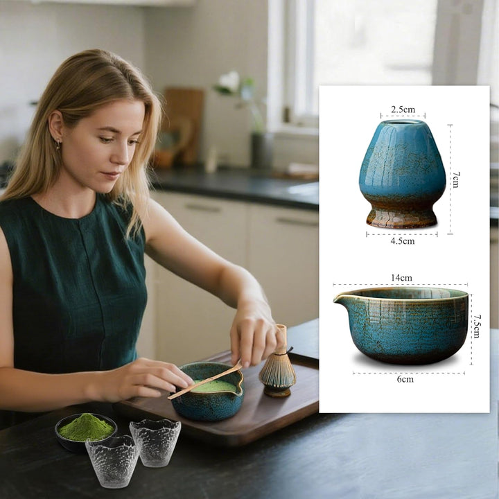 Matcha Set Blau 2-teilig, Matcha Tee Set Blau mit Chawan Matcha-Schale (510 ml) & Keramik-Besenhalte